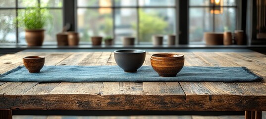 Rustic Wooden Table with Grey Fabric Runner Clean Background Top View Natural Lighting