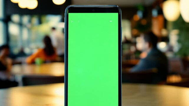 Smartphone green screen is on a table in a cafe setting. Mobile phone vertical mockup in a coffee shop, restaurant, cafe. Phone showing blank green background display. Chroma key smart phone. Closeup