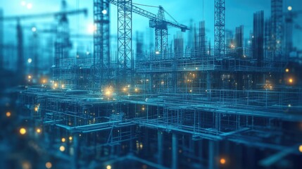 architectural blueprint of a construction site with cranes and structural details,stock image