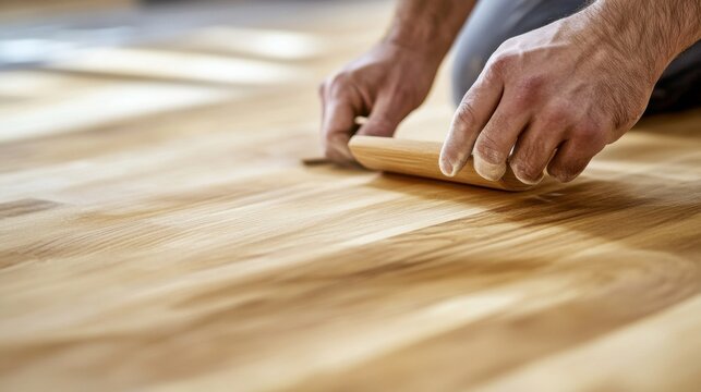 Carpenter sanding a wooden surface to smooth it for finishing. Featuring expertise and attention to detail