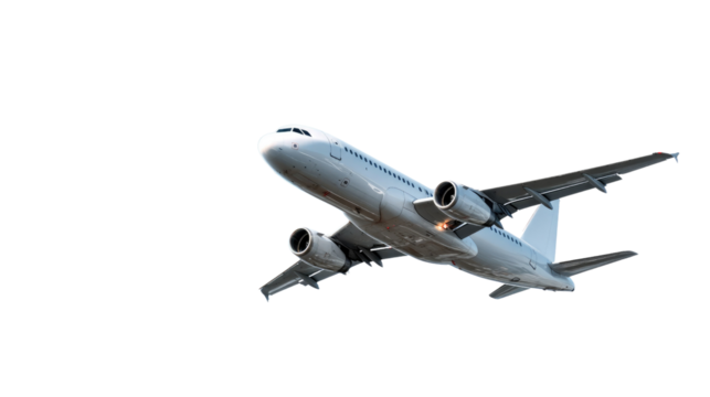  Soaring Above: A gleaming passenger plane ascends gracefully, its form captured in a moment of powerful upward trajectory. The aircraft is ready to take passengers away.