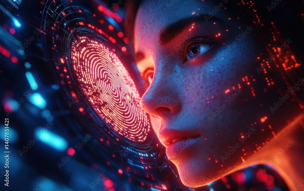Poster digital forensic biometric analysis with cyberpunk face and fingerprint pattern in futuristic interf