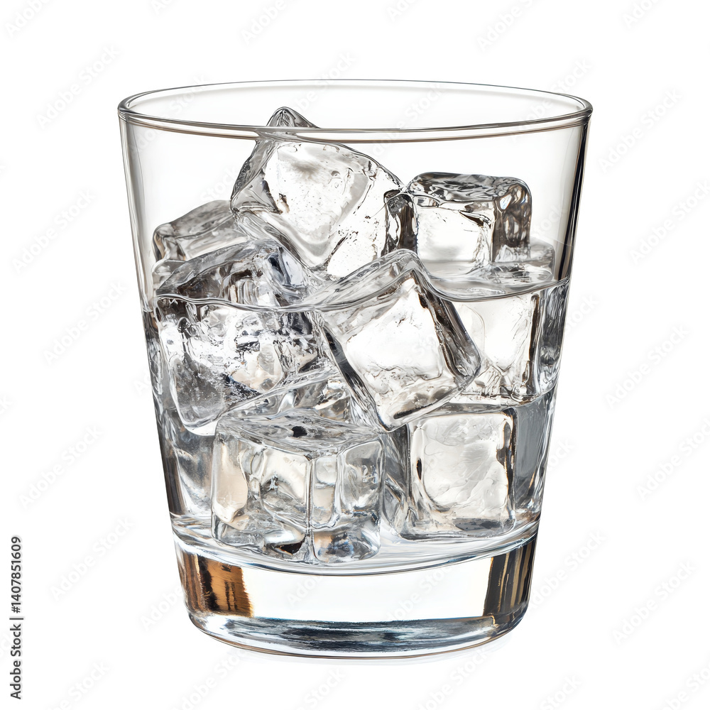 Poster clear glass filled with ice cubes set against a pure transparent background for refreshing beverage 
