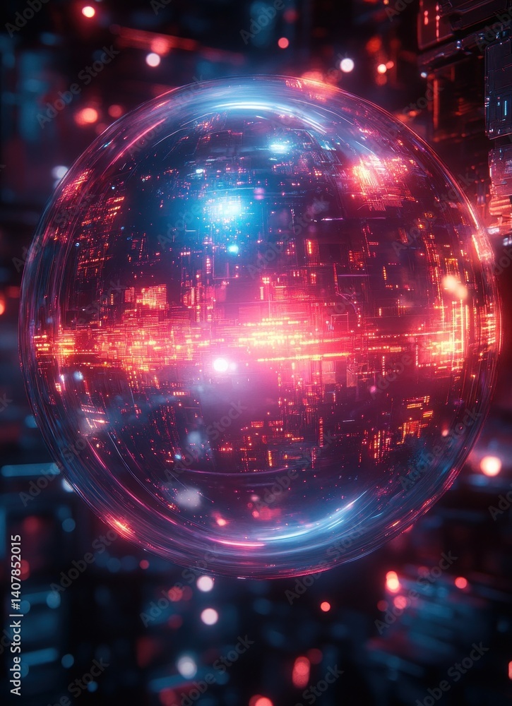 Poster futuristic sphere with glowing circuits in cyberpunk style featuring neon lighting and atomic struct