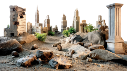 Ruined Cityscape: A dramatic scene presents a desolate cityscape, where crumbled buildings and monuments stand amidst weathered stones and sand.