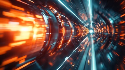 Abstract Futuristic Tunnel with Glowing Orange and Blue Lights