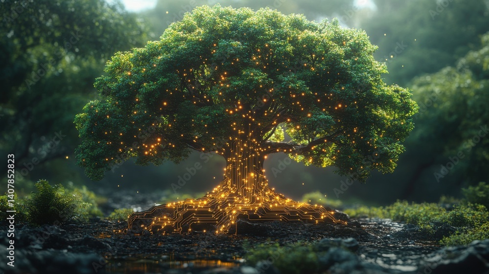 Poster artificial intelligence tree,circuit board connections symbolizing technology,innovation in a digita