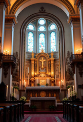 Fototapeta premium church with a large alter and stained glass windows