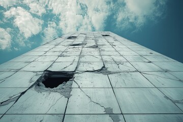 Crumbling facade with broken tiles against a cloudy sky, symbolizing urban decay and abandonment