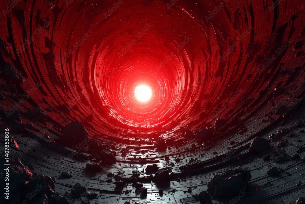 Poster portal of vibrant red light surrounded by rocky textures in a spiral structure at an unknown locatio