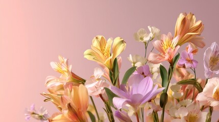 Fototapeta premium Easter decoration chick ornaments festive banners. Beautiful Bouquet of Pastel Flowers Alstroemeria and Crocus on a Pink Background Studio Shot.