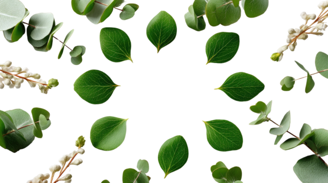 Leafy Circle: A stunning overhead composition showcasing a harmonious arrangement of lush, green leaves artfully placed around an open space