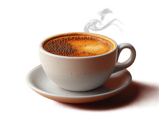 Obraz premium A white ceramic coffee cup filled with hot espresso, steam rising elegantly, high-detail photography style, white background