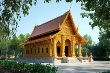 Naklejka premium Beautiful traditional temple with intricate golden architecture surrounded by trees