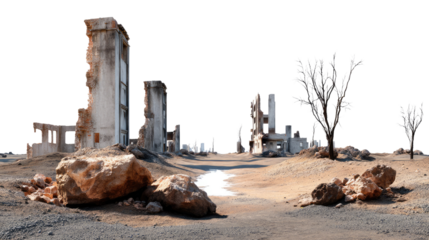 Wasteland of Ruins: A stark landscape of weathered, destroyed architecture, a poignant reminder of the ravages of time and conflict, set against a vast, open sky. 