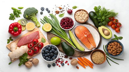 Fototapeta premium Rich plates of fresh organic vegetables and salad from green leaves mix and vegetables with avocado or eggs, chicken and shrimps isolated on transparent background