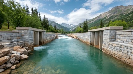 Fototapeta premium Hydroelectric power plant near a crystal-clear river in a mountain valley, with flowing water and concrete dam structure, captured in daylight with clear structural details