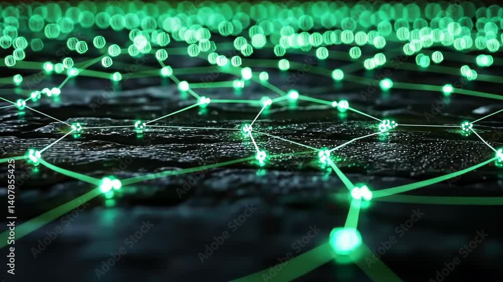 Poster illuminating connections across a network landscape at night with vibrant green lights forming intri