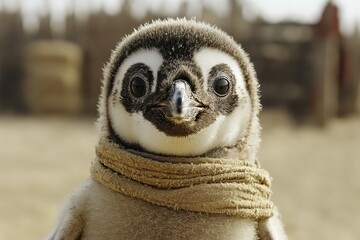 Penguin chick with scarf posing in a natural habitat during daylight at a coastal environment