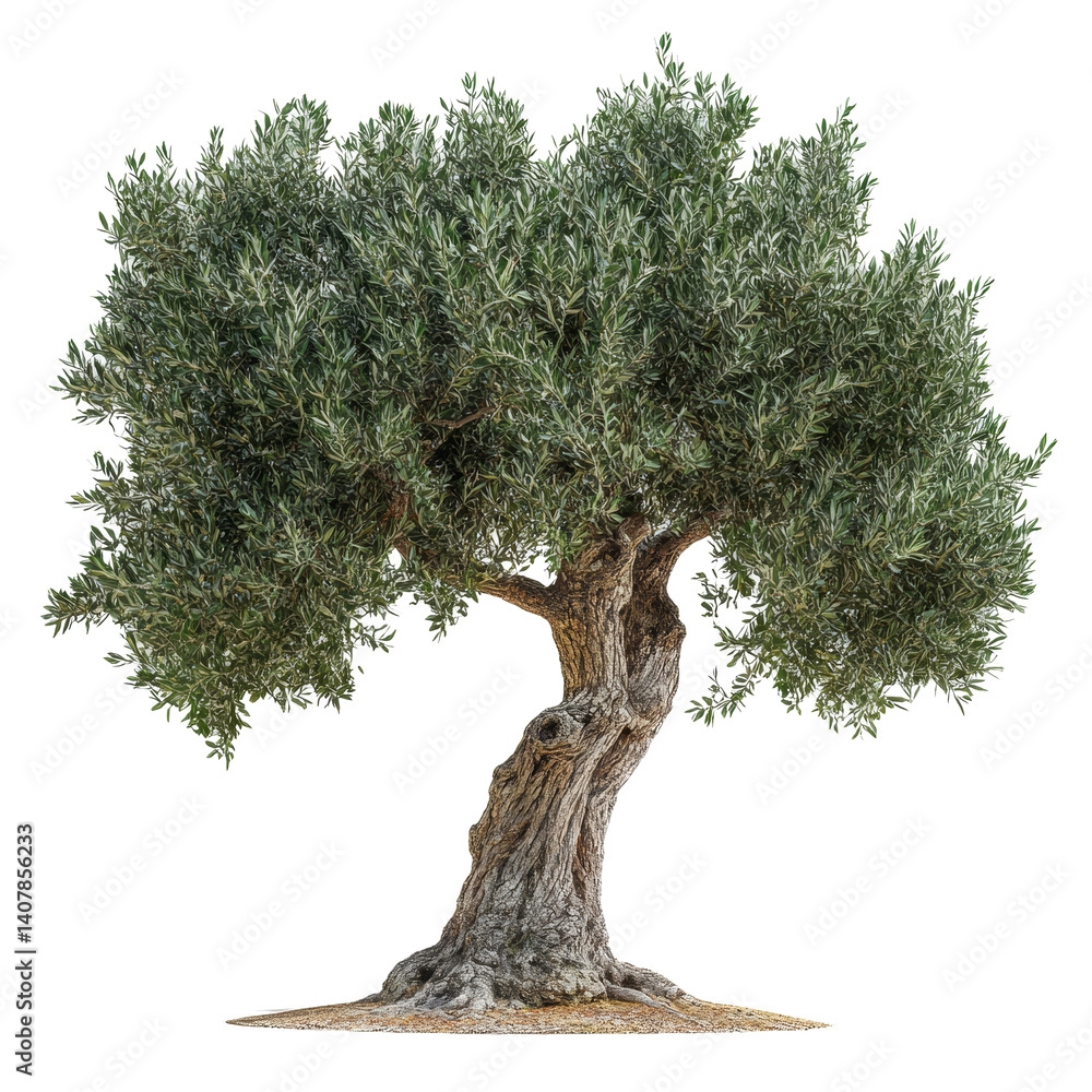 Poster an olive tree standing alone on a transparent background, showcasing its unique twisted trunk and lu