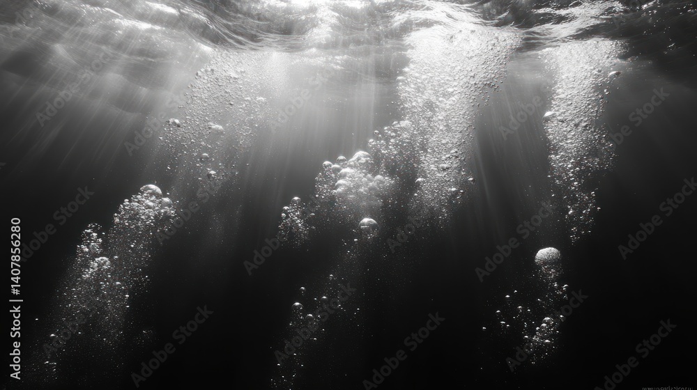 Poster high contrast minimalist underwater bubbles fizzing textures and details sparkling in black and whit