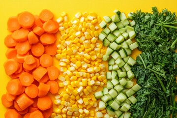 Freshly chopped vegetables arranged in vertical rows on a vibrant yellow backdrop, showcasing a variety of textures and colors