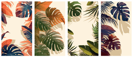 tropical leaves background. tropics frame cartoon set, monstera banana palm leaf blue orange green beige vertical summer vacation vector illustration