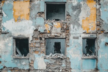 Decaying facade of an abandoned building with broken windows and crumbling walls, evoking a sense of urban decay
