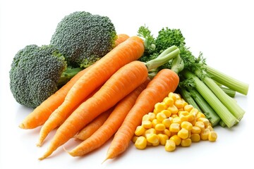 Studio shot of fresh vegetables including carrots, broccoli, celery and corn, promoting healthy eating and vegan lifestyle