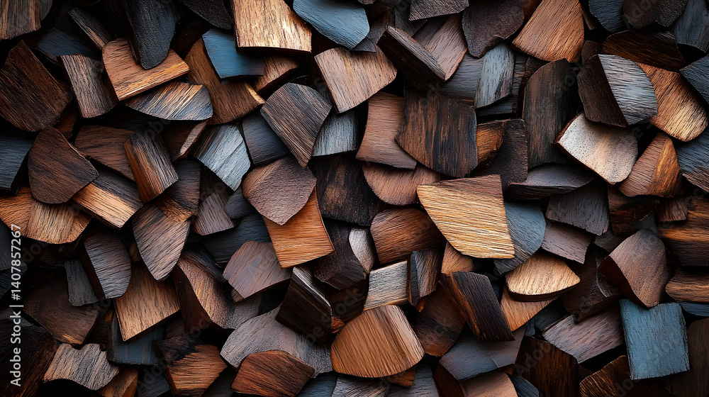 Poster overlapping wood chips create an abstract textured brown pattern