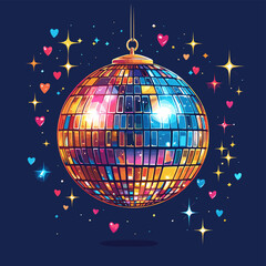 Colorful vector illustration of a disco ball with glowing tiles, surrounded by hearts and sparkles on a dark background, creating a fun, romantic, retro party vibe