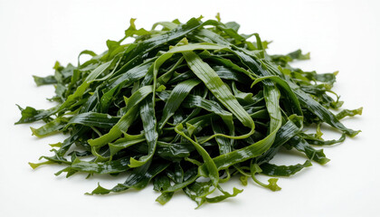 Heap of Raw Edible Seaweed Strips on a Clean White Surface