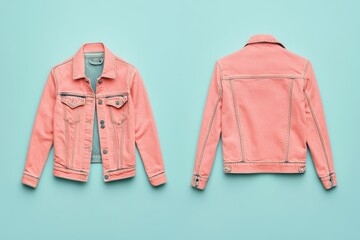 Stylish coral denim jacket, versatile and fashion-forward. A timeless piece for any wardrobe, showcasing both front and back details.