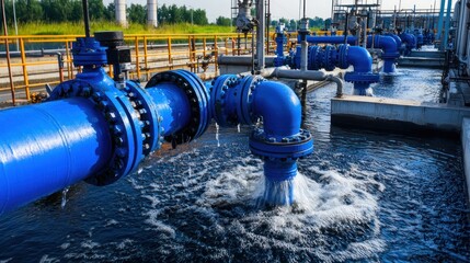Industrial water treatment facility with blue pipes and water flowing