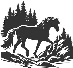 Horse with tree vector animal silhouette