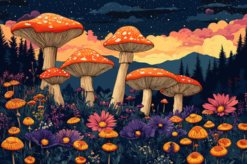 Fantasy illustration of large red mushrooms and wildflowers in a magical forest at twilight, with mountains and starry sky in the background, creating a dreamy and colorful scene