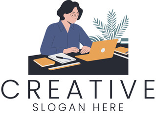 Focused Young Creative Person Working on Laptop Design Project art pen desk flat blue gray