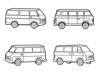 Four Outline Drawings of Classic Vans for Coloring