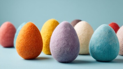 Easter decoration chick ornaments festive banners. Colorful Felt Eggs Composition Arrangement for Easter Celebration Holiday Season Bright and Cheerful.