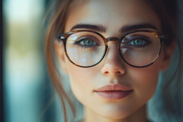 Fototapeta premium Close-up portrait of a young woman with round eyeglasses looking confident and stylish