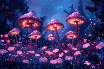 Fantasy illustration of glowing mushrooms in a magical forest at night, surrounded by flowers and sparkling fireflies under a dreamy blue and purple atmosphere