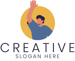 Creative Person Raising Hand Up Yellow Circle Design logo flat icon idea style happy clean