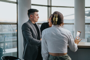 A group of business professionals interacting during a meeting in a modern office. They are...