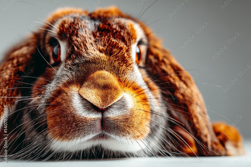 Poster close-up view of a rabbit resting with highlight on fur texture and eye color during daylight