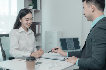 Fototapeta premium Job applications, contracts, and employment in business Submit a resume to a recruiter to review the applicant's profile. An HR manager is interviewing to consider hiring a company.