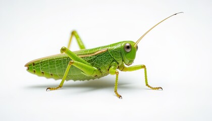 Fototapeta premium Vivid green grasshopper, isolated against a stark white background.