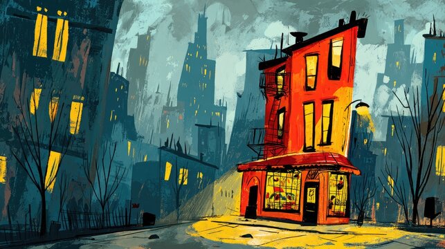 Urban nocturne cityscape, featuring a vibrant red building.