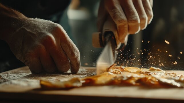 Carpenter using a circular saw to cut wood for a frame. Featuring craftsmanship and focus