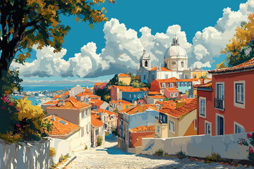 Obraz premium Scenic illustration of a traditional Portuguese hillside town with red rooftops, narrow streets, and ocean view under a vibrant blue sky with dramatic clouds