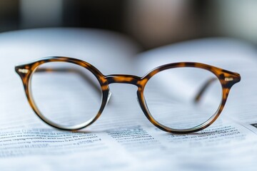 Stylish tortoise shell eyeglasses are placed on an open book page, suggesting a moment of paused reading